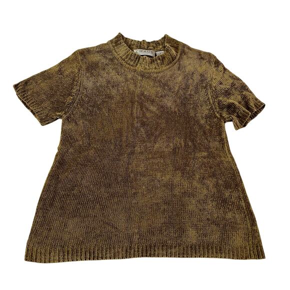 Vtg Y2K 2000s Gold Green Chenille Short Sleeve Sweater Sz M Fairy Grunge - Picture 1 of 6